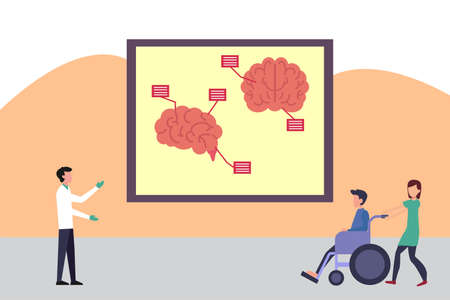 Neuroanatomy vector concept: woman accompanying her ill husband on the wheelchair to the neurologistのイラスト素材