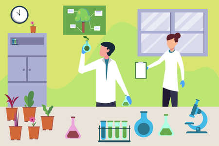 Plants testing vector concept: portrait of scientist couple doing experiment on pots of small plantsのイラスト素材