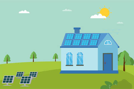Solar panel vector concept: solar panels on hills generating electricity to the houseのイラスト素材