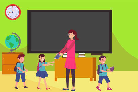 Elementary school vector concept: female teacher giving books to her elementary students happily in the classroomのイラスト素材