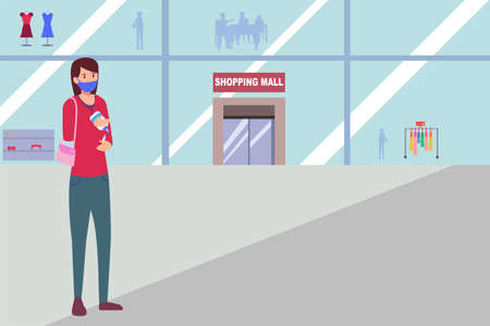 New Normal vector concept: woman wearing a face mask while washing her hands with hand sanitizer in the shopping mallのイラスト素材