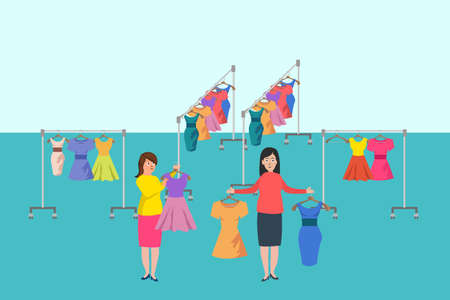 Clothing store vector concept: women holding dresses in hangers happilyのイラスト素材
