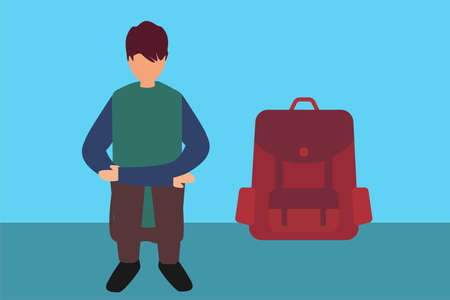 Runaway child vector concept: teenager sitting and hugging his knees coldly besides a backpackのイラスト素材