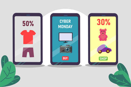 Cyber Monday online sale vector layout concept: three mobile phone screens displaying Cyber Monday product discountのイラスト素材