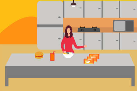 Junk food vector concept: woman eating triple instant noodles in her bowl with juice and burgerのイラスト素材