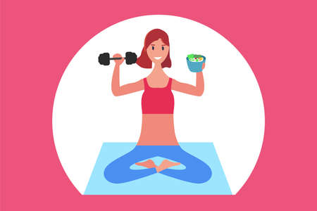 Healthy lifestyle vector concept: woman holding a bowl of salad and lifting barbells happilyのイラスト素材