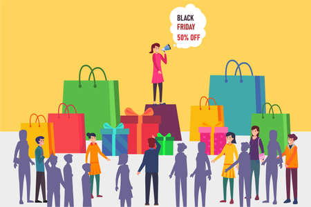 Black Friday sale vector concept: woman announcing Black Friday sale on top of shopping bags and present boxes with her speakerのイラスト素材