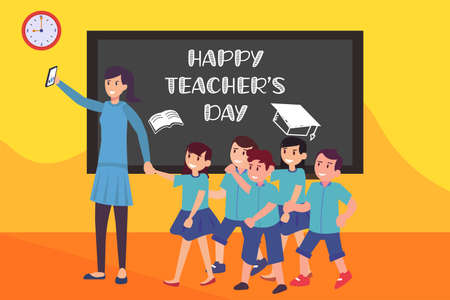 Happy Teacher's Day vector concept: female teacher taking a selfie with her elementary students happily in the classroomのイラスト素材