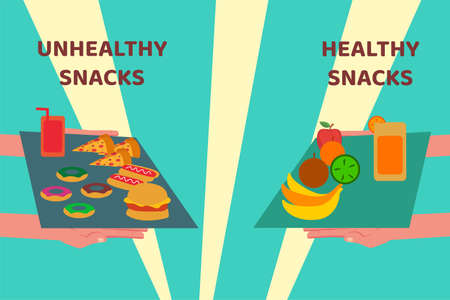Unhealthy and healthy snacks comparison vector concept: unidentified people holding two different trays, each filled with junk foods and fruitsのイラスト素材