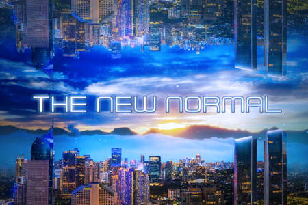 JAKARTA, Indonesia - September 14, 2020: Beautiful Jakarta cityscape with skyscrapers upside down to each other at dawn time with text of the new normalのeditorial素材