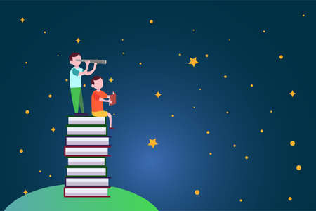 Education vector concept: boys standing on stack of books while peeking at the starsのイラスト素材
