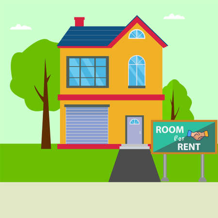 Rent room vector concept with apartment and a signboard written "Room for Rent" on its yard in green cloudy skies backgroundのイラスト素材