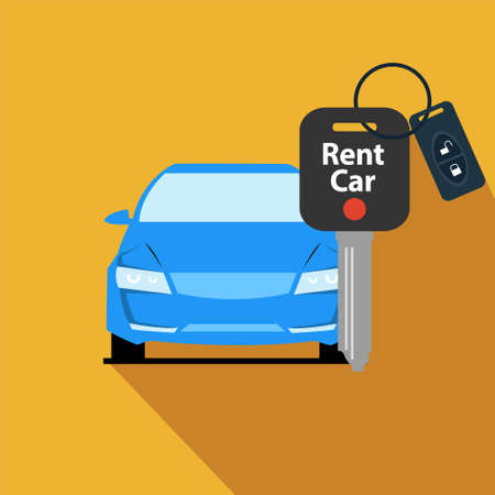 Rent car vector concept with blue car and its big keys written "Rent Car" in orange backgroundのイラスト素材