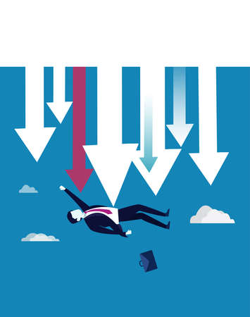Bankruptcy vector concept: male figure wearing a black suit while falling from the rain of arrows in the turquoise skyのイラスト素材