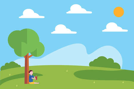 Education vector concept: boy relaxing in the middle of green hills while reading a bookのイラスト素材