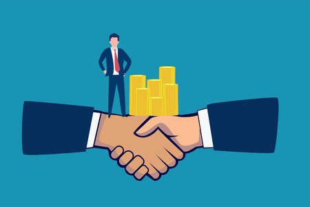 Financial agreement: businessman standing on big hands shaking each other near stack of coinsのイラスト素材