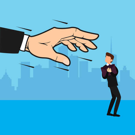 Business big hand attempting to grab the little businessman vector concept, over the blue cityscape backgroundのイラスト素材