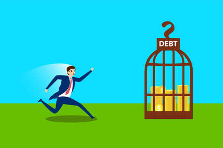 Debt vector concept: businessman running for his caged stack of coinsのイラスト素材