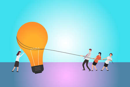 Business idea vector concept: group of figures wearing suits while pulling the big lightbulb togetherのイラスト素材
