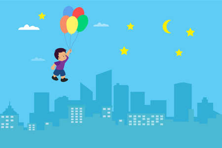 Child's dream vector concept: boy flying above the city by holding colorful balloonsのイラスト素材