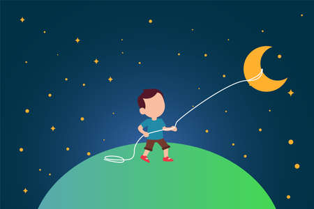 Child's dream vector concept: boy holding and kiting the crescent moon balloonのイラスト素材