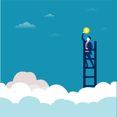Business profit vector concept: businessman climbing the sky ladder to reach the coinのイラスト素材