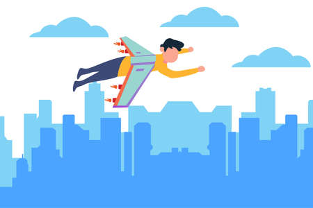 Aviation dream vector concept: boy flying above the city with plane wingsのイラスト素材