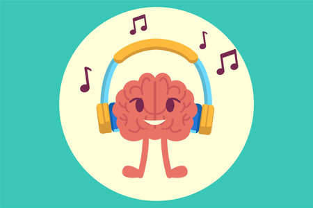 Creativity vector concept: brain smiling while listening music through its headphoneのイラスト素材