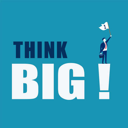 Think Big vector concept: businessman carrying suitcase and waving the number one flag while standing on huge "Think Big" textのイラスト素材