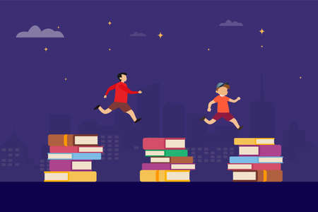 Students competition vector concept: boys jumping through stack of books at night timeのイラスト素材