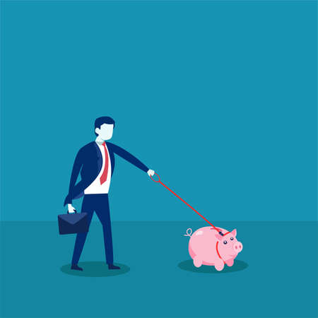 Piggy bank vector concept: businessman walking along with his piggy bankのイラスト素材
