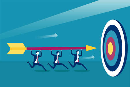Business target vector concept: group of businessmen running and launching the big arrow to the bullseyeのイラスト素材