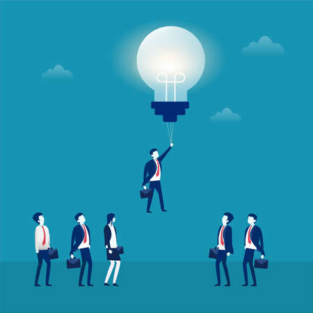 Business idea vector concept: businessman hanging on to flying bright lightbulb shaped balloon while his colleagues watchingのイラスト素材