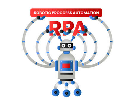 Robotic Process Automation vector portrait concept with blue robot figure holding the red RPA letters and its explanation, using all of its six arms in white backgroundのイラスト素材