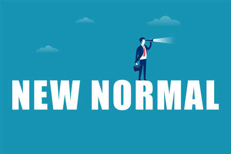 New Normal vector concept: businessman peeking distantly with his telescope on big New Normal textのイラスト素材