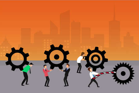 Engineering vector concept: businessmen lifting and carrying their big cogwheels on the streetsのイラスト素材