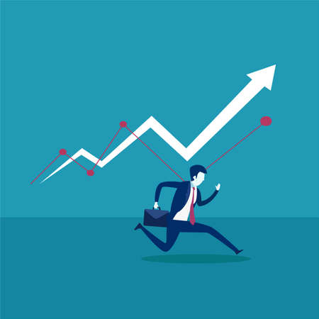 Business profit vector concept: businessman carrying his suitcase while running below the business chart arrowのイラスト素材