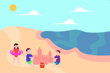 Sand sculpture vector concept: group of children constructing sand castles at the beachのイラスト素材