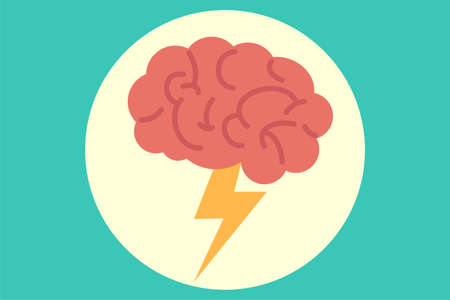 Creativity vector concept: brain with lightning icon inside a circle over mint green backgroundのイラスト素材