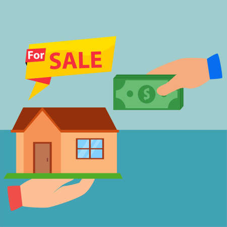 House for Sale vector concept with hands exchanging house and money icons, in dual layer background with blue and livid colorsのイラスト素材