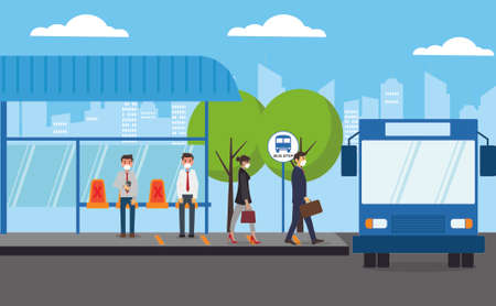 New Normal vector concept: businesspeople waiting for the bus comingのイラスト素材