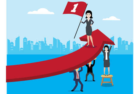 Bossy businesswoman holding a flag while standing on the red arrow which being lifted by her...