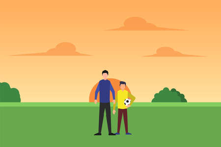 Father's Day vector concept: father posing with his son while holding a soccer ball at sunset timeのイラスト素材