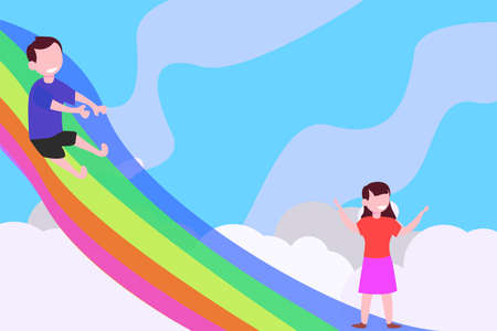 Rainbow playground vector concept: children sliding on a rainbow skyのイラスト素材