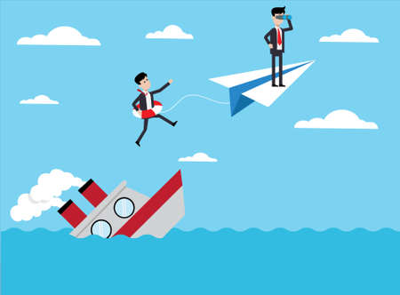 Business shipwreck vector concept with male figures wearing suits while saving the other from the shipwreck, using the paper plane and telescopeのイラスト素材
