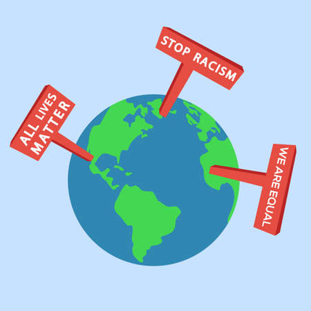 Equality protest vector concept: earth icon with red banners themed All Lives Matter and Anti Racismのイラスト素材