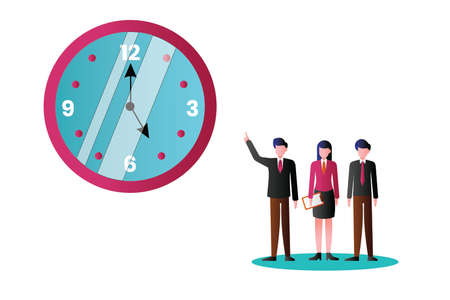 Time management vector concept; group of business figures pointing at the big clock in white backgroundのイラスト素材
