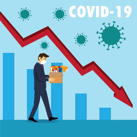 Coronavirus economy crisis vector concept with male figure wearing a black suits, while carrying his office stuffs sadly, in the blue background with business charts and its declining red arrowのイラスト素材