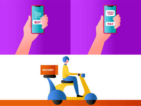 Shopping delivery vector concept with delivery man riding his scooter under hands on the phone for deliveryのイラスト素材