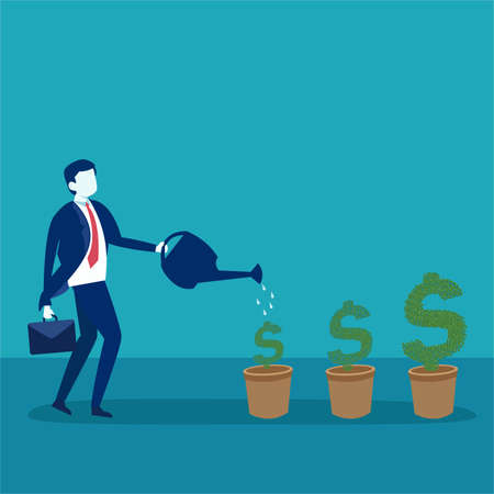 Investment vector concept: businessman carrying his suitcase while nurturing and watering his dollar treesのイラスト素材